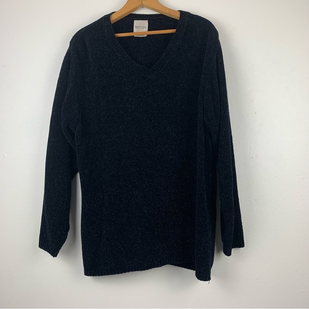 Bentley Sweater Womens Medium Vintage Black Silver Lurex Pullover V Neck